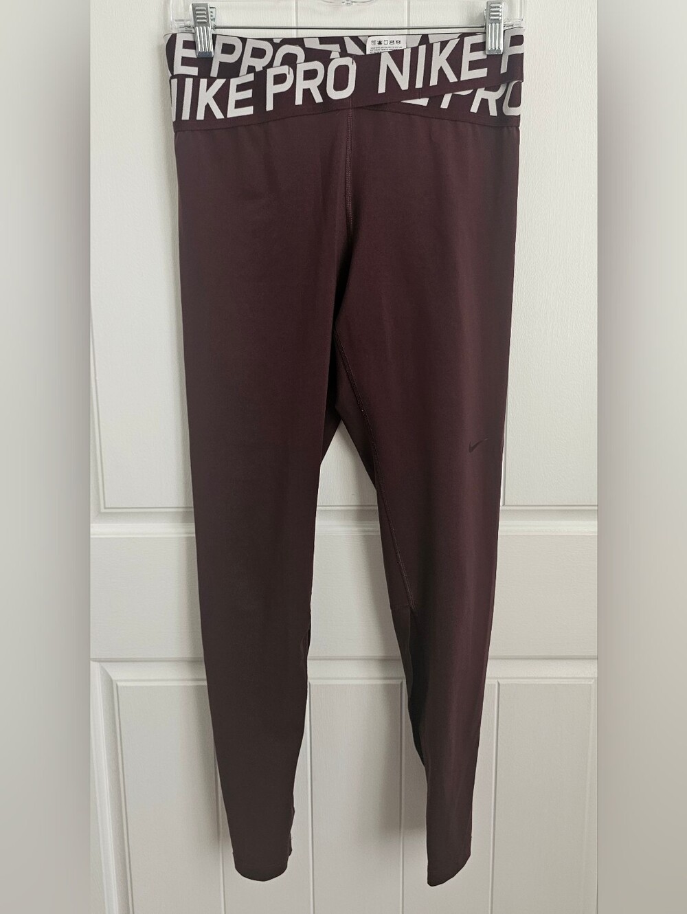 Nike Pro Women's Burgundy Leggings with White Logo Waistband